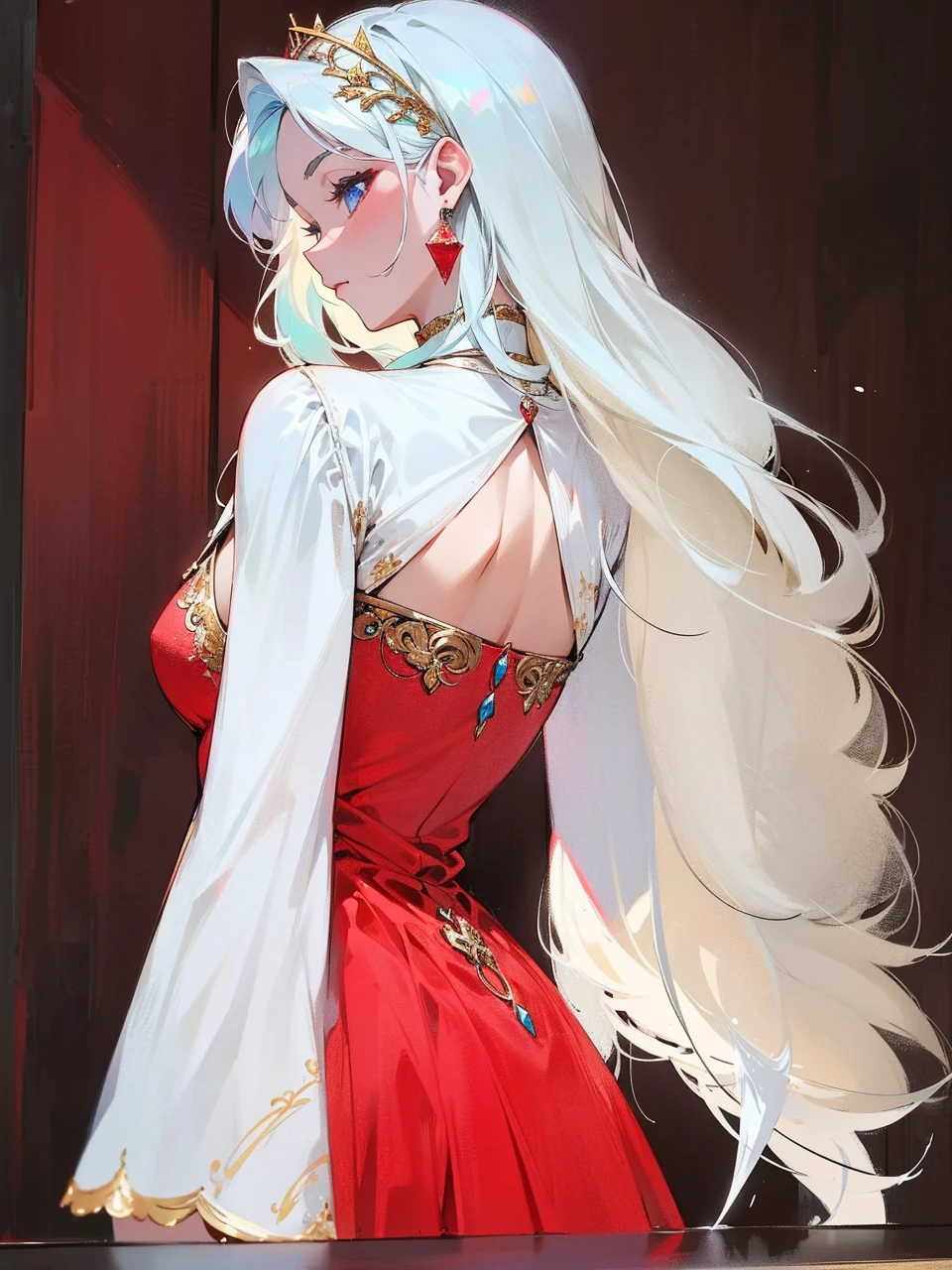 Add in roses to her dress, a good back dress design with some golden jewelry, make her dress into a red and white gown with a hat, give her some unique Jewelry, and make her look somewhat of a demonic angel like appearance to her