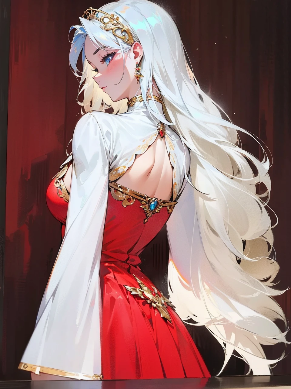 Add in roses to her dress, a good back dress design with some golden jewelry, make her dress into a red and white gown with a hat, give her some unique Jewelry, and make her look somewhat of a demonic angel like appearance to her