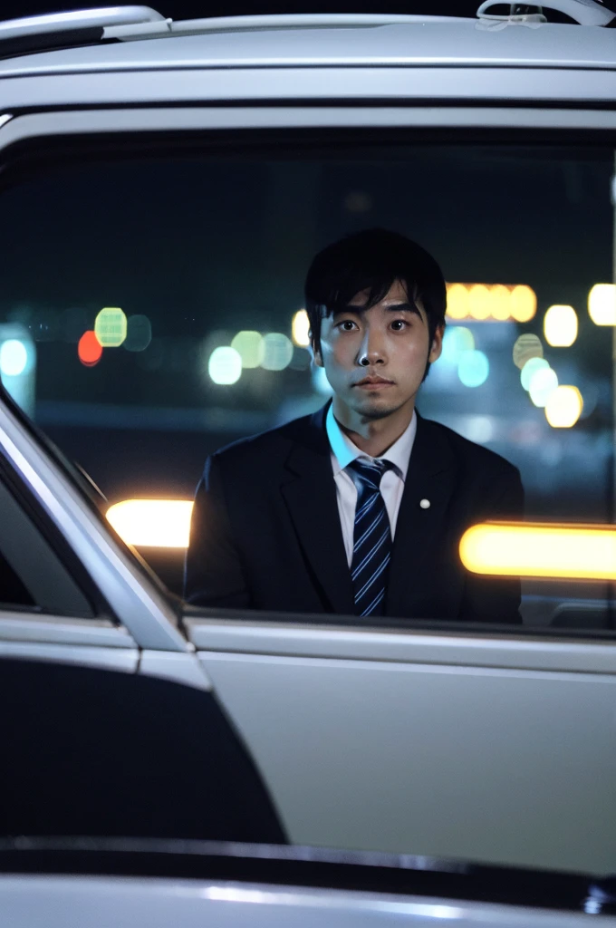 （Time is night：1.2）、（A 30-year-old Japanese male office worker：1.1）、Alone in the back seat of a car, looking shocked