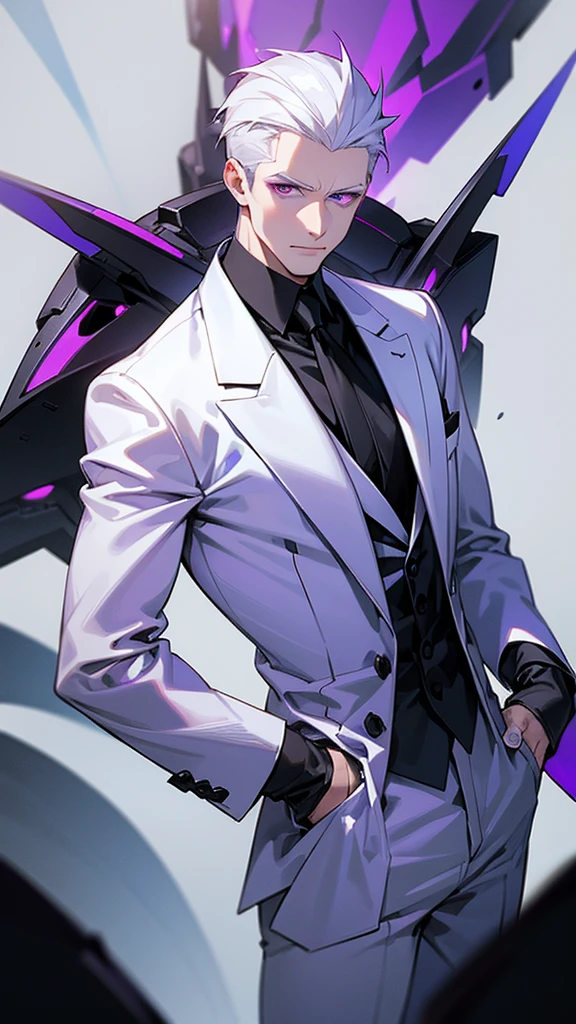 a white man in black suit and purple eyes, high detailed, 8K, masterpiece.