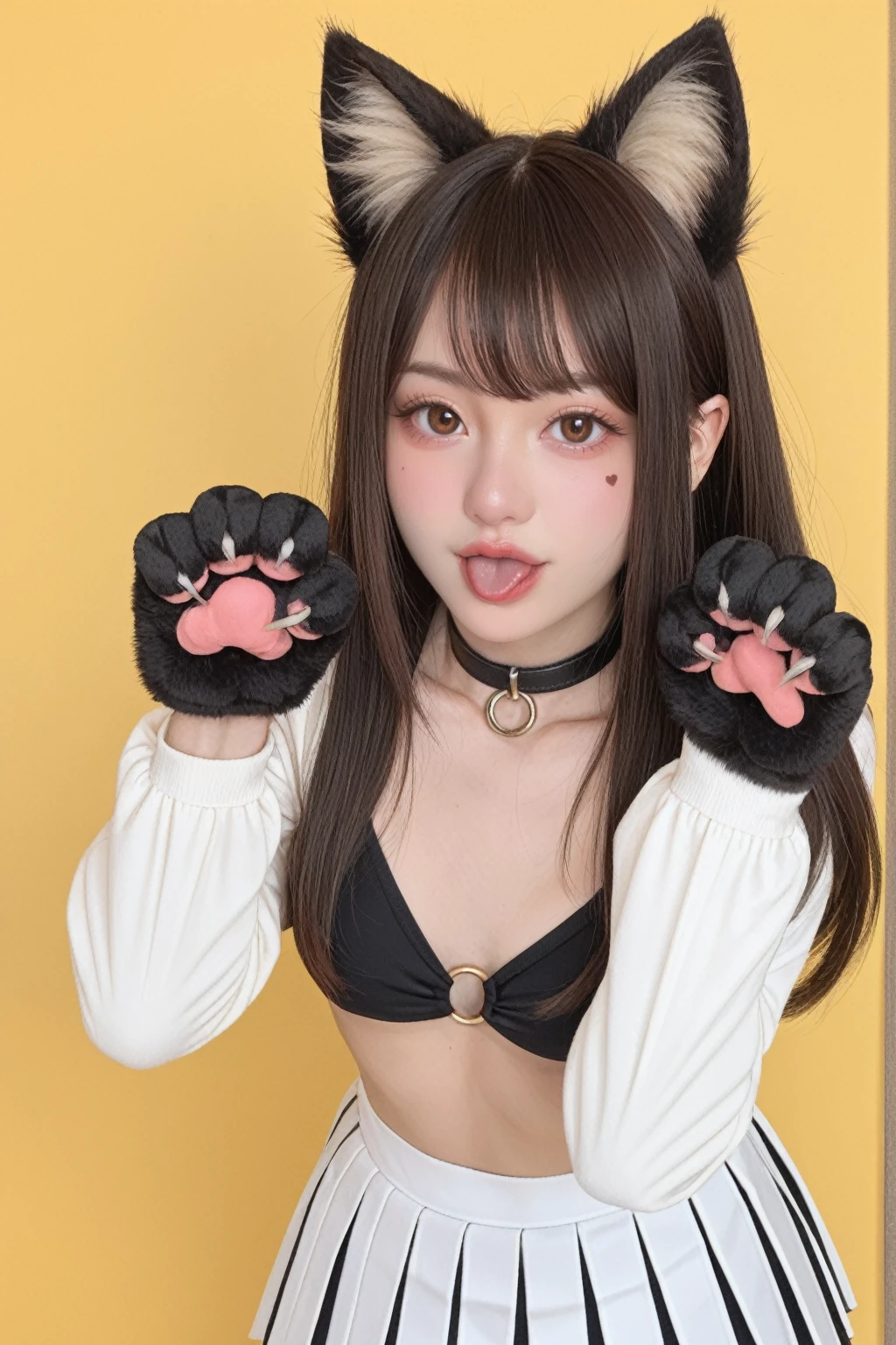 score_9,score_8_up,score_7_up, 20 years old, 8k, hd, beautiful girl,
1girl, animal ears, bangs, black choker, bikini, o-ring, choker, yellow background, brown eyes, cat paws gloves, paw pose, long hair, long sleeves, looking at viewer, pleated skirt, realistic, skirt, solo, standing, white skirt, (fuller lips:0.8), beauty mark,half body, tongue out, leaning forward with legs apart,