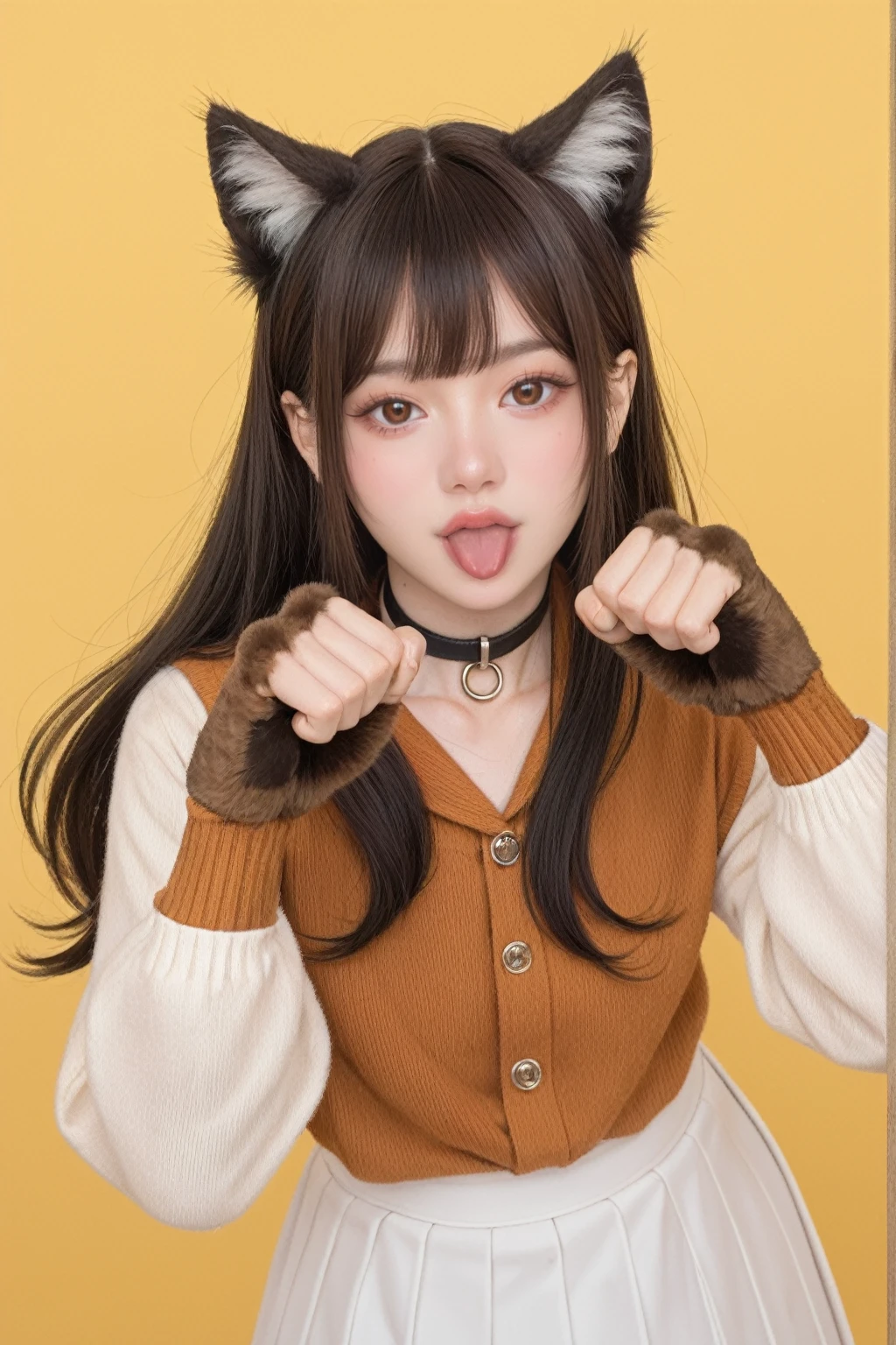 score_9,score_8_up,score_7_up, 20 years old, 8k, hd, beautiful girl,
1girl, animal ears, bangs, black choker, bikini, o-ring, choker, yellow background, brown eyes, cat paws gloves, paw pose, long hair, long sleeves, looking at viewer, pleated skirt, realistic, skirt, solo, standing, white skirt, (fuller lips:0.8), beauty mark,half body, tongue out, leaning forward with legs apart,
