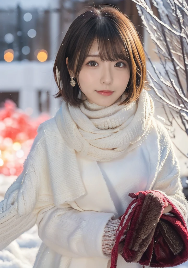 Holding a kitten、Photo from the waist up、Night city illumination shot、Cowgirl Shot、Fur coat、豪華なグレーのミンクのFur coat、Wear fine leather boots、Luxury Bags、Inner turtleneck、Silver necklace and small silver earrings Millionaire style:1.4))、Full body photo、smile、 Caustics、Highly detailed photos、Very beautiful woman 、Ample breasts、No makeup、(8K、RAW Photos、Highest quality、masterpiece:1.2)、(Realistic、Realistic)、1 Girl、((Medium Short Hair、Midwinter、Cold region Snow falling、The wind is blowing、Fluttering Hair、Blur the background、Colorful illuminations、Looking into the camera:1.4))、