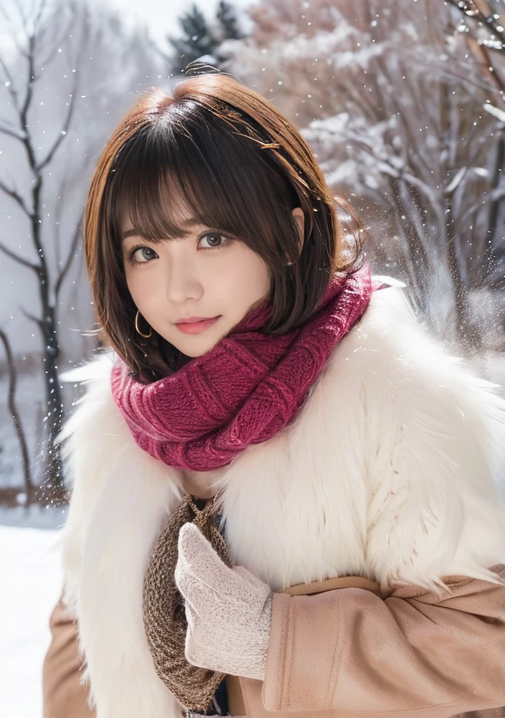 Medium Short Hair、Fluffy scarf、Photo from the waist up、Night city illumination shot、Cowgirl Shot、Fur coat、豪華なグレーのミンクのFur coat、Wear fine leather boots、Luxury Bags、Inner turtleneck、Silver necklace and small silver earrings Millionaire style:1.4))、Full body photo、smile、 Caustics、Highly detailed photos、Very beautiful woman 、Ample breasts、No makeup、(8K、RAW Photos、Highest quality、masterpiece:1.2)、(Realistic、Realistic)、1 Girl、((Medium Short Hair、Midwinter、Cold region Snow falling、The wind is blowing、Fluttering Hair、Blur the background、Colorful illuminations、Looking into the camera:1.4))、