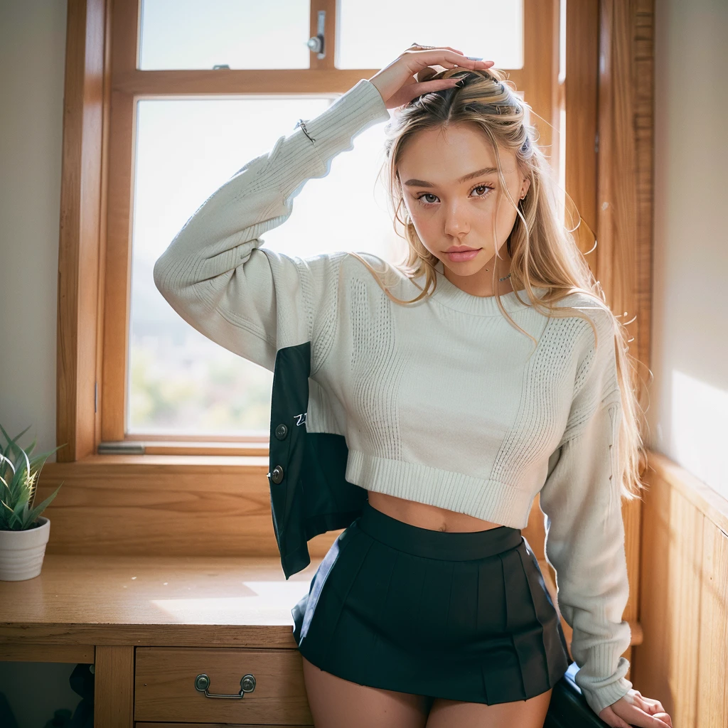 Realistic photo of a beautiful 18 year old (((ALEXIS-REN))), (best quality,ultra-detailed,realistic:1.2),beautiful detailed eyes,beautiful detailed lips, blonde hair, student, classroom, learning, standing near a desk, books, teacher, pencil, school girl skirt outfit, male student hand going up her leg