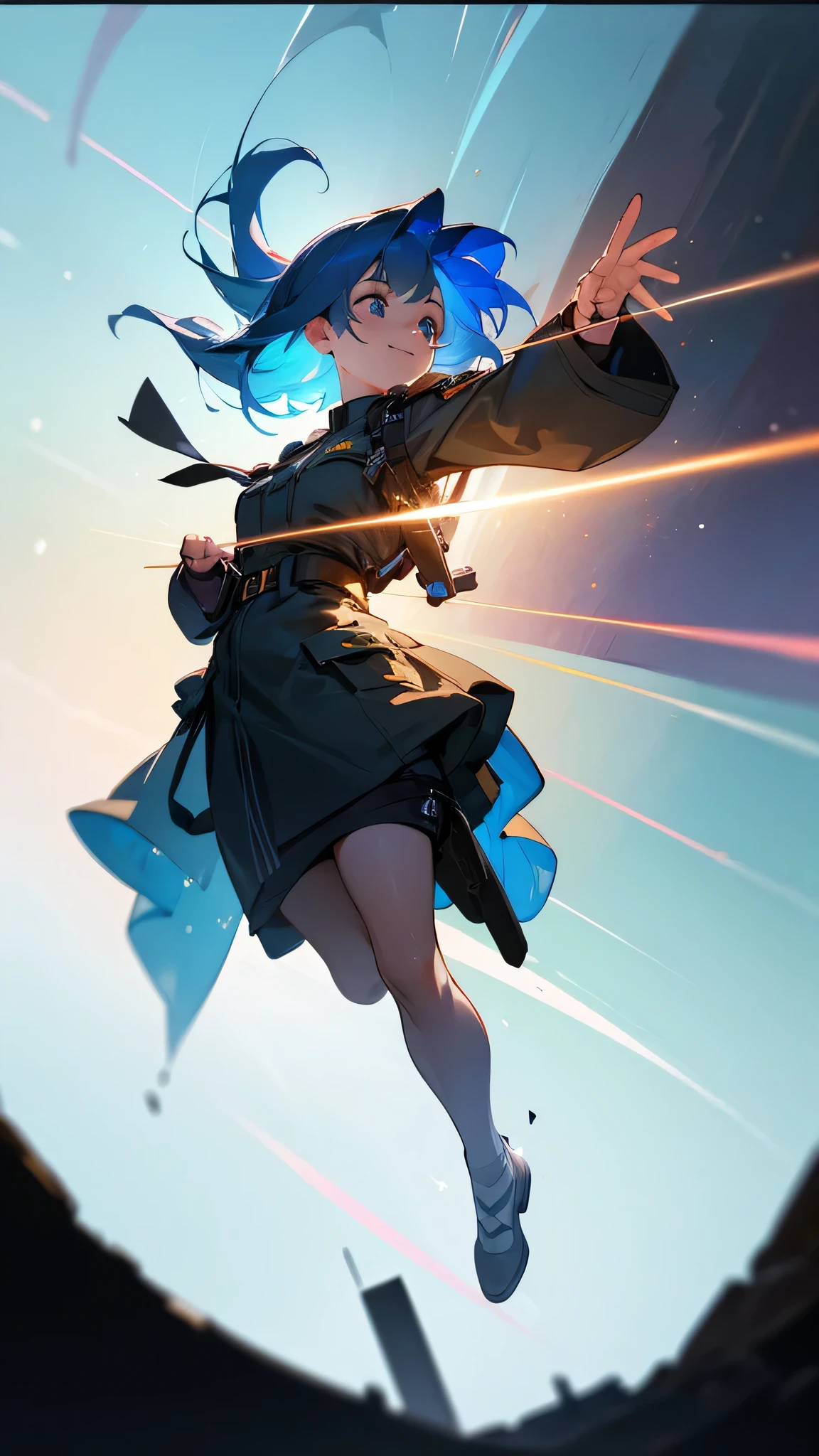 a beautiful young girl in military uniform, blue hair, looking up at the night sky, smiling, shooting star, floating light particles, whole body, fisheye lens effect, (best quality,8k,highres,masterpiece:1.2),ultra-detailed,(realistic,photorealistic,photo-realistic:1.37),HDR,studio lighting,ultra-fine painting,sharp focus,physically-based rendering,extreme detail description,professional,vivid colors,concept art