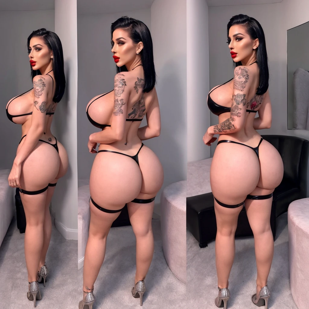 Dominatrix, skinny, heavy make-up, tatoo, cleveage, seductive pose, realistic face, woman, 30s, more tatoo, full body view, standing, diamond jewelry, perfect face, realistic, more realistic, milf, medium length hair, big round ass, short hair, huge fake lips