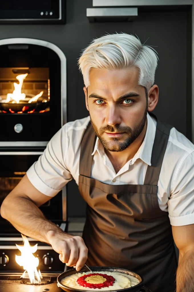 Man with short white hair and red eye. Seems serious and is a cooker 
