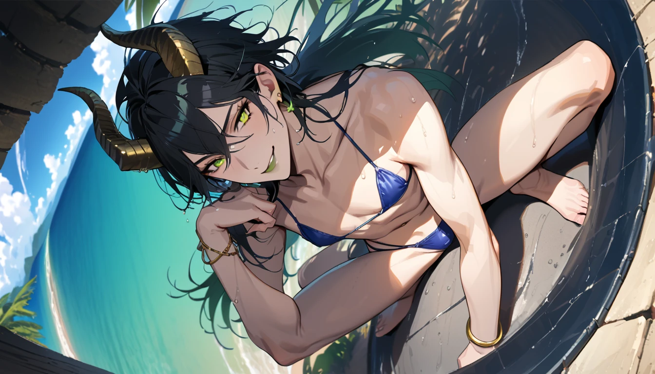 masterpiece, highres, absurdres, illustration, ((masterpiece:1.4, best quality)), (Ultra detailed background), 1boy, handsome man, highly detailed beautiful face and eyes, beautiful eyes, (sharp detail:1.3), shiny, earrings, bracelet, (wet bikini:1.3), Bari, Cebu Island, plumeria, near the beach, 1boy, sitting on floor, dynamic angle, full body, malleus draconia (twisted wonderland) horns, bishounen, boy, male, yana Toboso style, long hair, black hair, yellow green eyes, smile, gray lips, handsome, skinny, tall, yellow green glow,AddXL