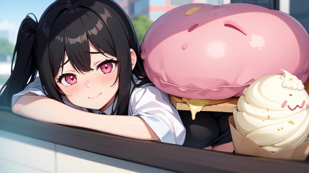 One girl,Black Hair,Pink eyes,(blush:1.1)、Embarrassed face、 ((Heavy breathing:1.3)), like,  smile、Big Breasts、whole body,I'm eating ice cream