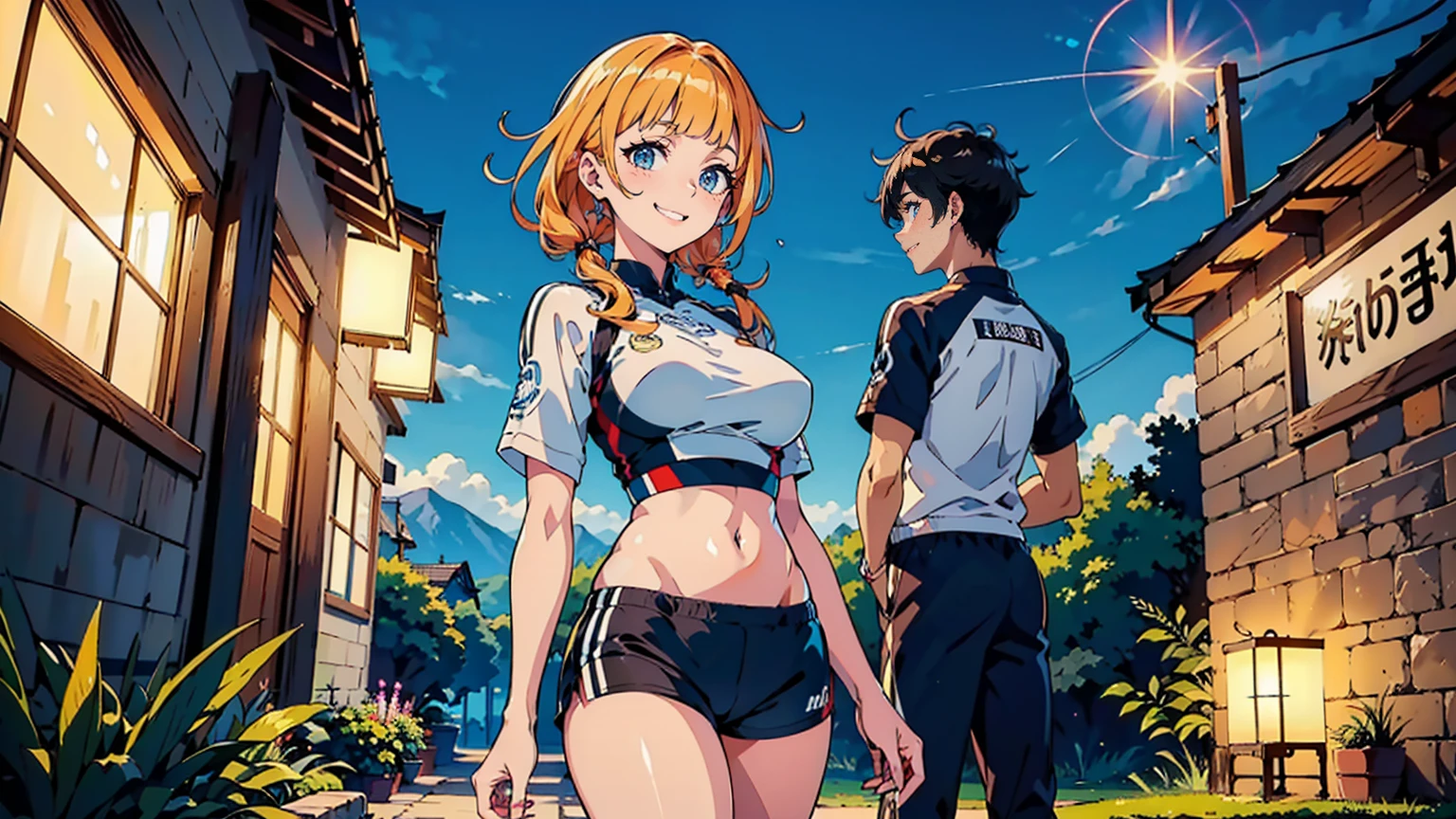 ((1 girl)), Latest trends in clothing, cheerful grin, animated expressions, Sportswear, shorts,blackstockings, racing, Garden ,((very detailled,highest quallity, high resolution, 8 k wallpaper, pretty clothing,)),(hair orange, Hair to the shoulders, juvenile,bouncy hair, ((asymmetrical bangs)) ,(shining blue eyes),ombre, eyeliner,glowing eye, very detailledな目, complex eyes, gorgeous eyes, 輝くBright blue eyes 17 year old