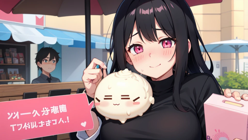 One girl,Black Hair,Pink eyes,(blush:1.1)、Embarrassed face、 ((Heavy breathing:1.3)), like, smile、Big Breasts、whole body,I'm eating ice cream