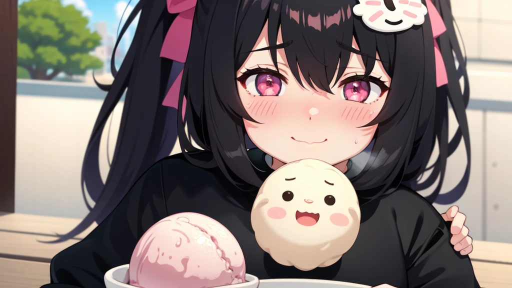 One girl,Black Hair,Pink eyes,(blush:1.1)、Embarrassed face、 ((Heavy breathing:1.3)), like,  smile、Big Breasts、whole body,I'm eating ice cream