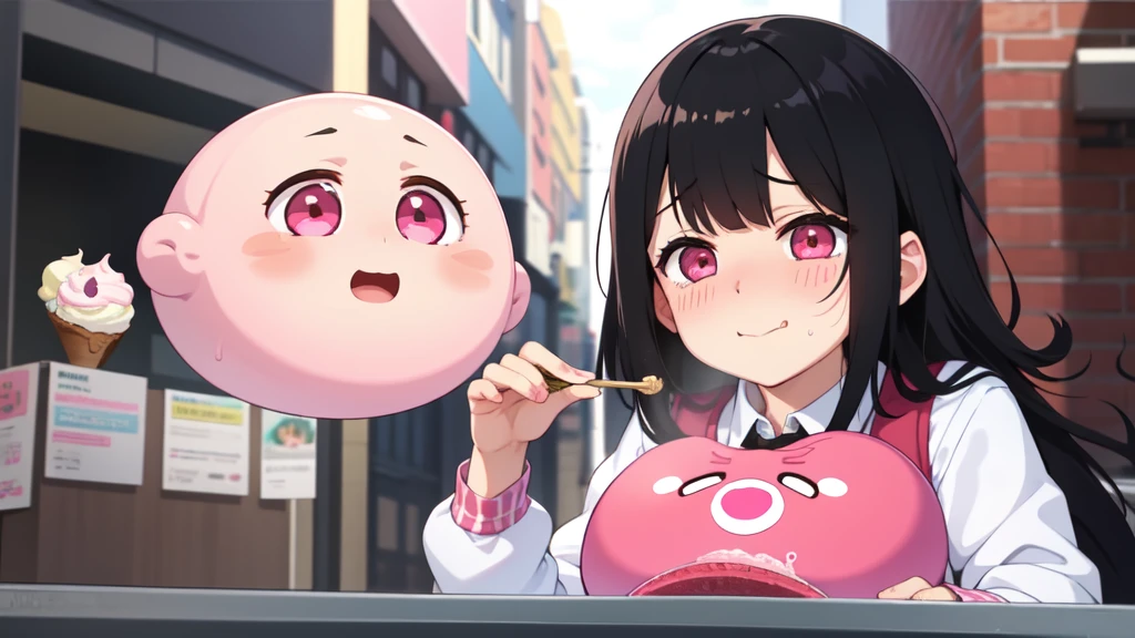 In front of the vending machine、high school girl、Black bob hair、hairpin、Penis in front of face、Open-mouthed expression of joy、Drooling((She stares at my penis with pleasure))、Hearts in the eyes、Large Breasts、Deep valley、nsfw