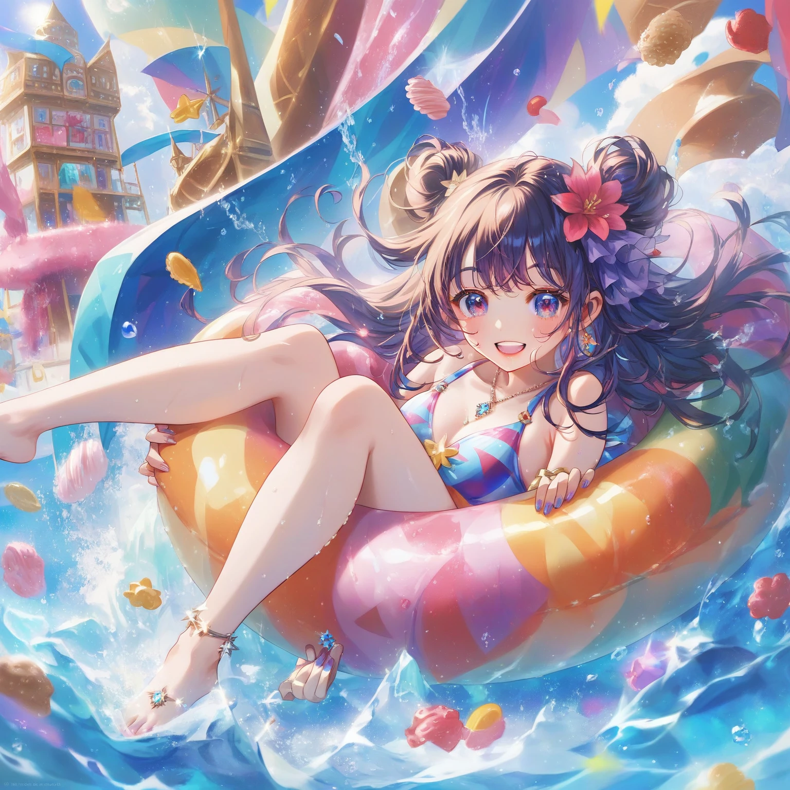 score_9, score_8_up, score_7_up, source_anime,masterpiece, best quality, high resolution, extremely detailed CG, absurdres, highres, A dreamy water playground, all the buildings are made of ice cream, the ice cream castle is colorful, and the girl in swimsuit is sliding down the water slide, very happy, (((vivid color)))