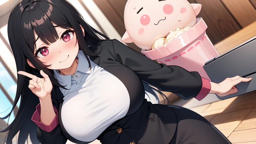 One girl,Black Hair,Pink eyes,(blush:1.1)、Embarrassed face、 ((Heavy breathing:1.3)), like,  smile、Big Breasts、whole body,I'm eating ice cream,Sexy pose