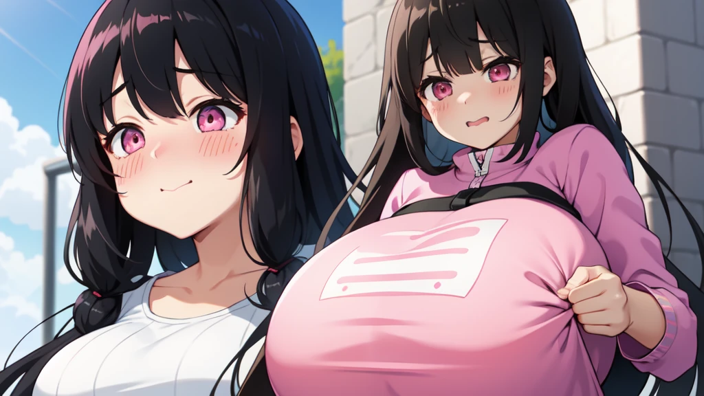 One girl,Black Hair,Pink eyes,(blush:1.1)、Embarrassed face、 ((Heavy breathing:1.3)), like, smile、Big Breasts、whole body,I'm eating ice cream,Sexy pose
