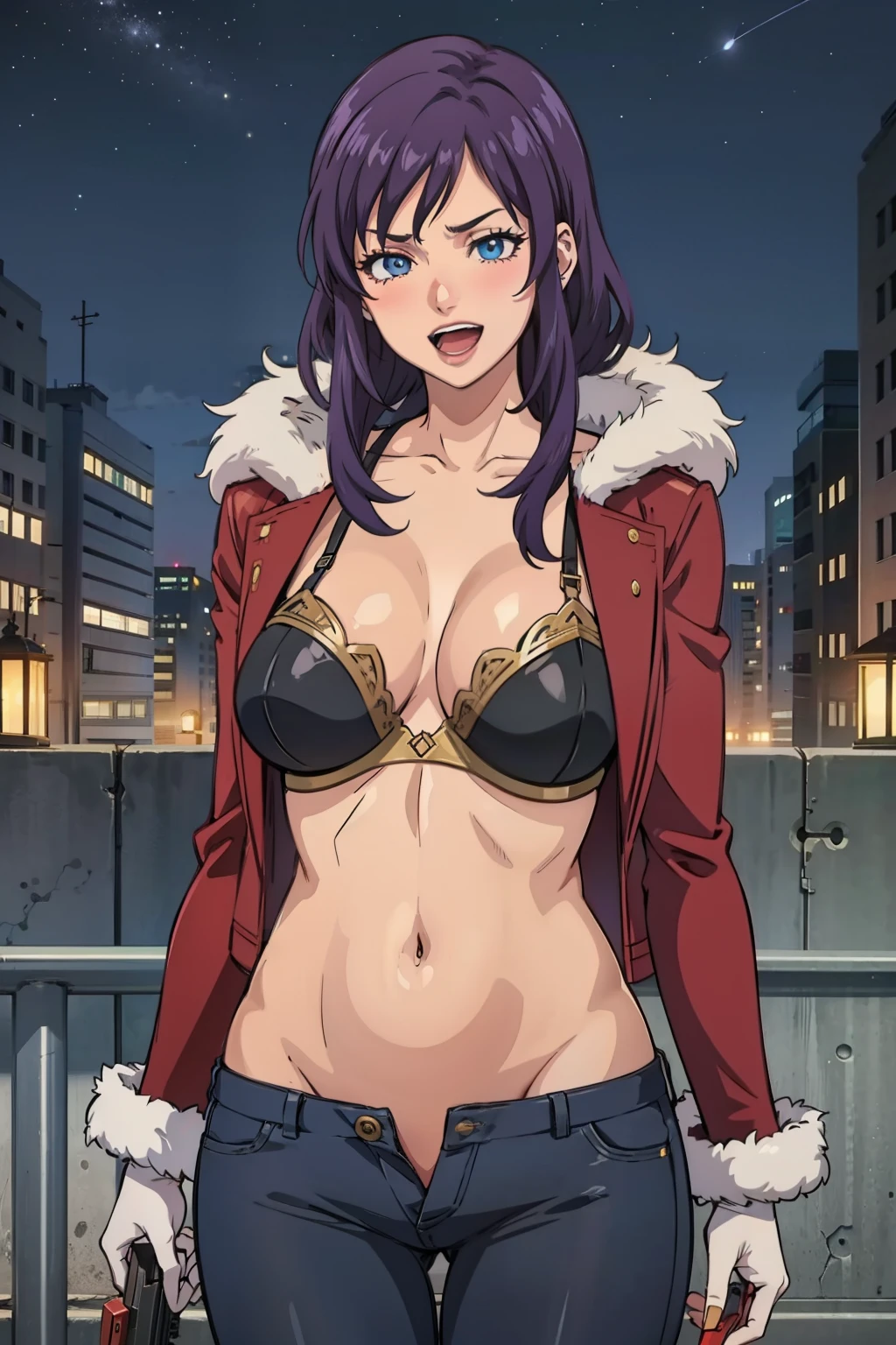 NonoharaMikako, milf, anime cels style, 1girl, large breast, purple hair, long hair, red lipstick, makeup, blue eyes, perfect eyes, detailed eyes, detailed hair, blush, lipstick, outdoors, rooftop, cityscape, building, railing, night, night sky, scenery, city lights, fur trim, mature female, gloves, fur-trimmed coat, masterpiece, best quality, highly detailed, a girls with a gun, evil smile , open mouth, sexy gaze, badass pose , evil smile, smile, , guns blazing, anime girl with long hair, beautiful long haired girl, navel, evil expression, exposed belly, exposed navel, exposed midriff, exposed lower belly, long black pants, crop top, cleavage, unbuttoned leather pants ,open fly, low rise black leather pants, leather jacket, holding a gun, navel piercing