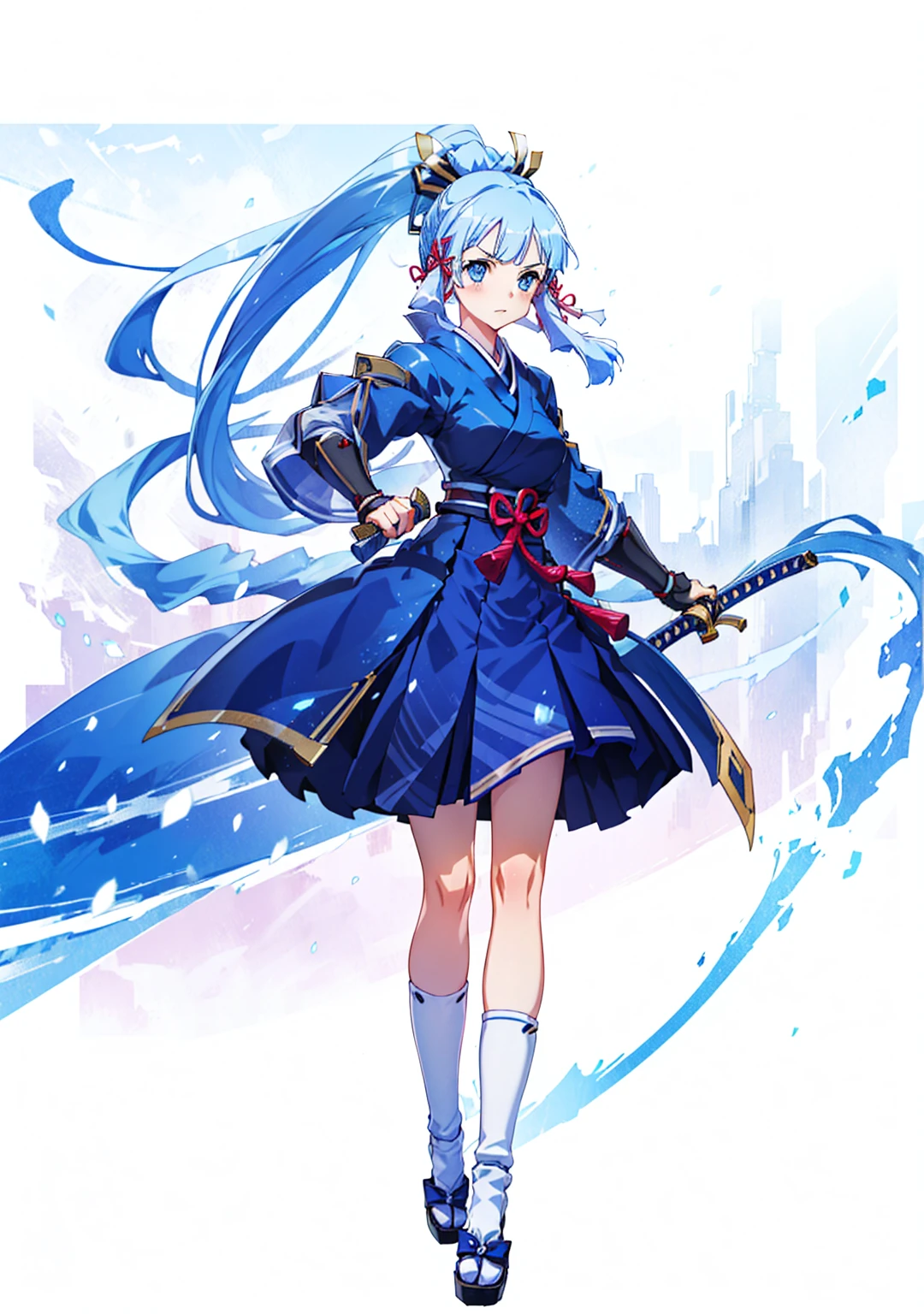 View the viewer, 1 Girl,  Highest quality, Blue Hair, blue eyes, Japanese style armor, Sword in hand, electricity, kamisato ayaka, whole body, blush, Serious face、Very detailed、high resolution、High resolution、Written boundary depth,White Background,A sword as big as your body