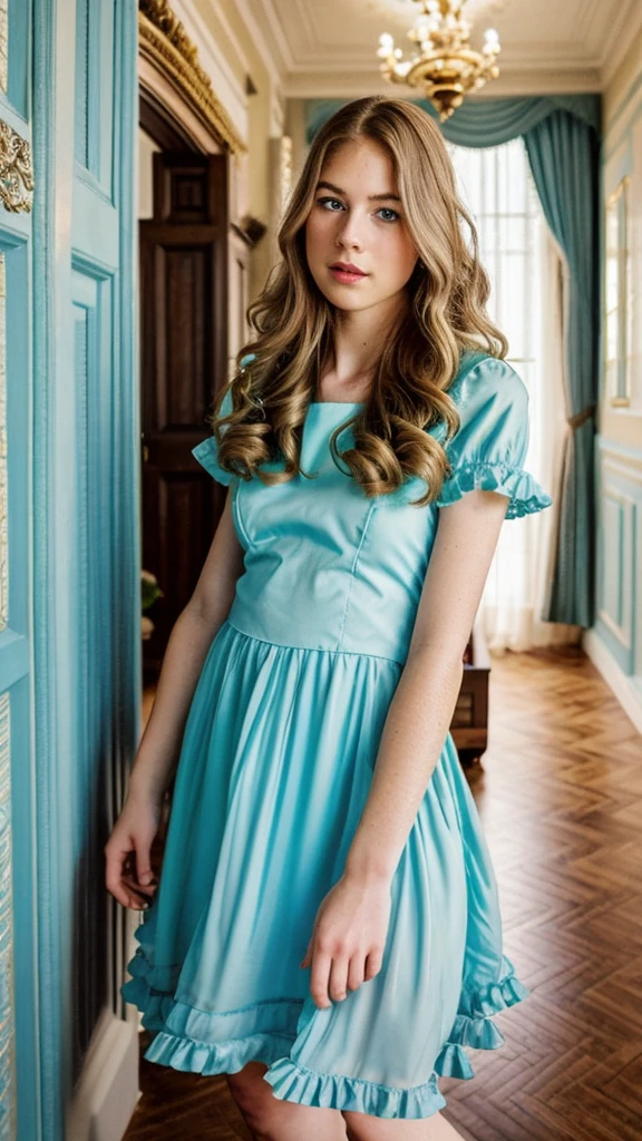 Girl sitting in a green chesterfield armchair drinking coffee. Blonde long, wavy golden blonde hair. Porcelain face. Cherry full lips. Large, bright light blue eyes. Eyes and pupils should be symmetrical. Look at the camera. Light on your face. Close-up body portrait. Centered image. I don't want jewelry. Romantic long ruffle dress in light blue and white. Cross your legs. White sneakers. I don't want jewelry. Perfect pose. Flawless beauty. Rare beauty. Walls painted in a cool blue tone. A section of the room where the beautiful girl lives. There are classical framed pictures on the wall, a lampshade on an antique furniture, a white window. Daylight. Antique chandelier with beautiful stones on the ceiling. The parquet floors are dark brown. Give us the feeling that the room is a pleasant place to live. A dreamy fairy tale. Storybook illustration. A masterpiece of small details. Perfect synchronization of soft colors and vivid colors. Too good to be true. Volumetric light. The image must have a mysterious look and an incredible masterpiece quality. Something that never existed. Fantastic. Fantasy. Futurism. Surrealism. Myth. Rococo. Pop surrealism art. Ultra detailed. Soft palette. Transition from tone to tone. Super details. Pay close attention to small details. Ultra-fine details that capture every texture. The macro should provide details. Super detailed texture. Realistic texture design. Luxury details. It must be absolutely perfect. Cinematic effects must be applied. The proportions of objects must match the aspect ratio of the screen. It must be UHD (Ultra High Definition format). High quality. 32k Ultra HD, ultra realistic. Create Nicoletta Ceccoli style.