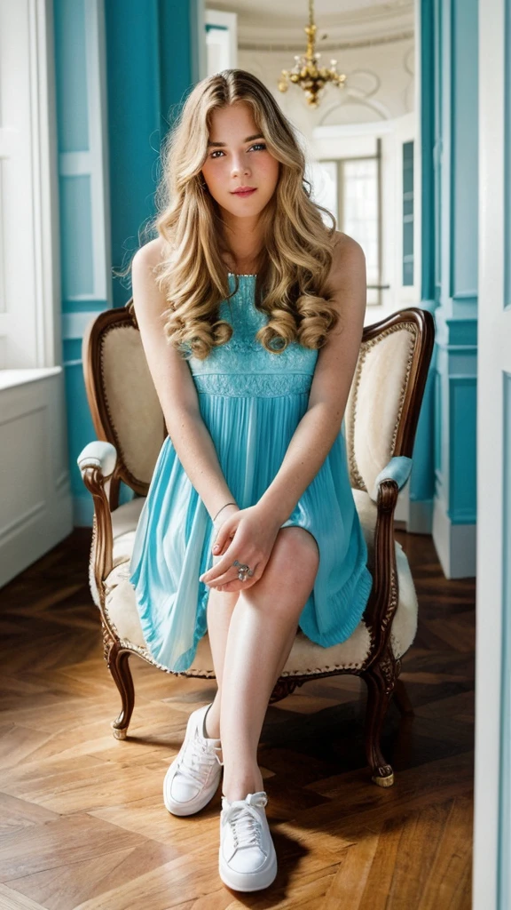 Girl sitting in a green chesterfield armchair drinking coffee. Blonde long, wavy golden blonde hair. Porcelain face. Cherry full lips. Large, bright light blue eyes. Eyes and pupils should be symmetrical. Look at the camera. Light on your face. Close-up body portrait. Centered image. I don't want jewelry. Romantic long ruffle dress in light blue and white. Cross your legs. White sneakers. I don't want jewelry. Perfect pose. Flawless beauty. Rare beauty. Walls painted in a cool blue tone. A section of the room where the beautiful girl lives. There are classical framed pictures on the wall, a lampshade on an antique furniture, a white window. Daylight. Antique chandelier with beautiful stones on the ceiling. The parquet floors are dark brown. Give us the feeling that the room is a pleasant place to live. A dreamy fairy tale. Storybook illustration. A masterpiece of small details. Perfect synchronization of soft colors and vivid colors. Too good to be true. Volumetric light. The image must have a mysterious look and an incredible masterpiece quality. Something that never existed. Fantastic. Fantasy. Futurism. Surrealism. Myth. Rococo. Pop surrealism art. Ultra detailed. Soft palette. Transition from tone to tone. Super details. Pay close attention to small details. Ultra-fine details that capture every texture. The macro should provide details. Super detailed texture. Realistic texture design. Luxury details. It must be absolutely perfect. Cinematic effects must be applied. The proportions of objects must match the aspect ratio of the screen. It must be UHD (Ultra High Definition format). High quality. 32k Ultra HD, ultra realistic. Create Nicoletta Ceccoli style.