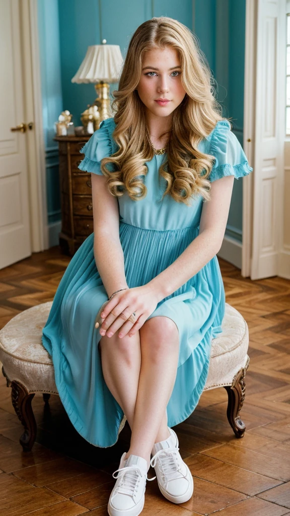 Girl sitting in a green chesterfield armchair drinking coffee. Blonde long, wavy golden blonde hair. Porcelain face. Cherry full lips. Large, bright light blue eyes. Eyes and pupils should be symmetrical. Look at the camera. Light on your face. Close-up body portrait. Centered image. I don't want jewelry. Romantic long ruffle dress in light blue and white. Cross your legs. White sneakers. I don't want jewelry. Perfect pose. Flawless beauty. Rare beauty. Walls painted in a cool blue tone. A section of the room where the beautiful girl lives. There are classical framed pictures on the wall, a lampshade on an antique furniture, a white window. Daylight. Antique chandelier with beautiful stones on the ceiling. The parquet floors are dark brown. Give us the feeling that the room is a pleasant place to live. A dreamy fairy tale. Storybook illustration. A masterpiece of small details. Perfect synchronization of soft colors and vivid colors. Too good to be true. Volumetric light. The image must have a mysterious look and an incredible masterpiece quality. Something that never existed. Fantastic. Fantasy. Futurism. Surrealism. Myth. Rococo. Pop surrealism art. Ultra detailed. Soft palette. Transition from tone to tone. Super details. Pay close attention to small details. Ultra-fine details that capture every texture. The macro should provide details. Super detailed texture. Realistic texture design. Luxury details. It must be absolutely perfect. Cinematic effects must be applied. The proportions of objects must match the aspect ratio of the screen. It must be UHD (Ultra High Definition format). High quality. 32k Ultra HD, ultra realistic. Create Nicoletta Ceccoli style.