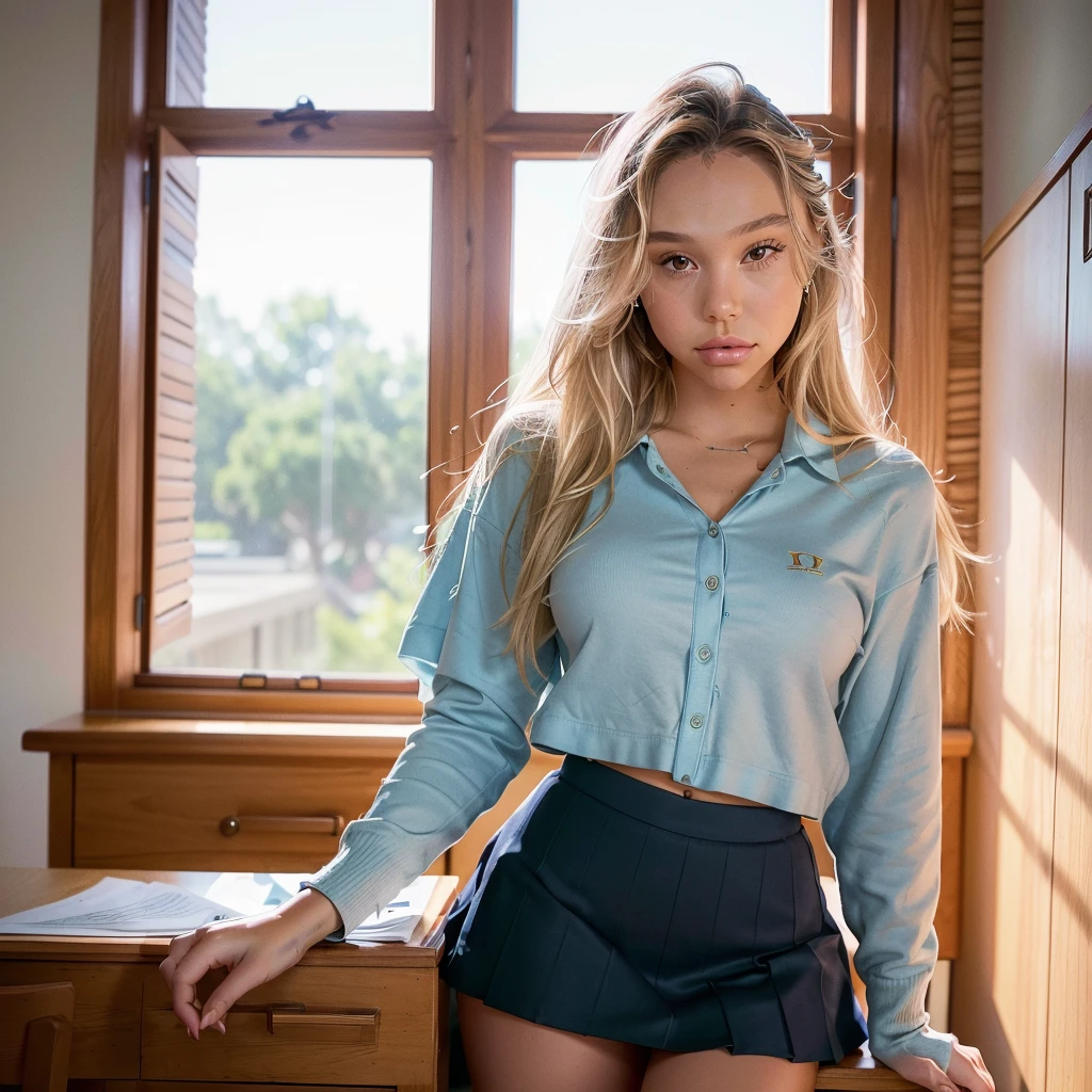 Realistic photo of a beautiful 18 year old (((ALEXIS-REN))), (best quality,ultra-detailed,realistic:1.2),beautiful detailed eyes,beautiful detailed lips, blonde hair, student, classroom, learning, standing near a desk, books, teacher, pencil, school girl skirt outfit