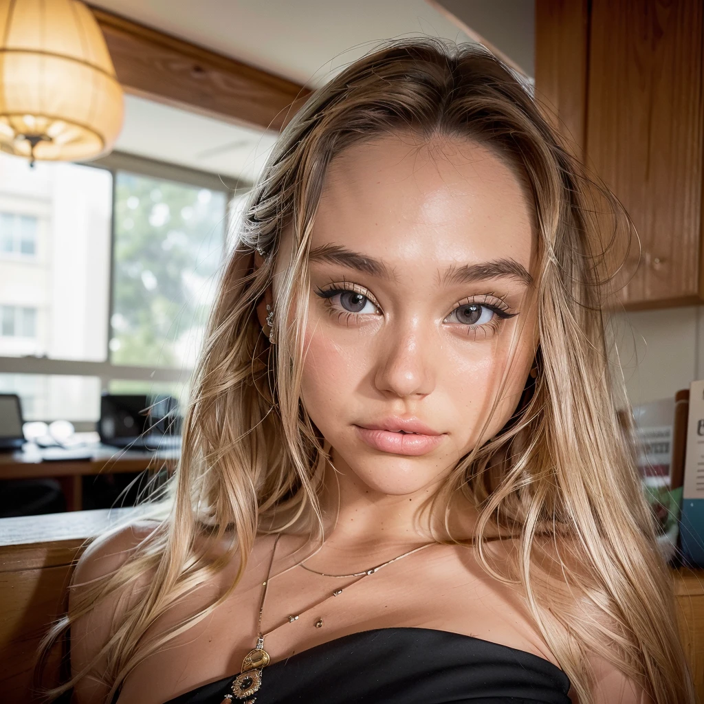 Realistic photo of a beautiful 18 year old (((ALEXIS-REN))), (best quality,ultra-detailed,realistic:1.2),beautiful detailed eyes,beautiful detailed lips, blonde hair, student, classroom, learning, standing near a desk, books, teacher, pencil, school girl skirt outfit