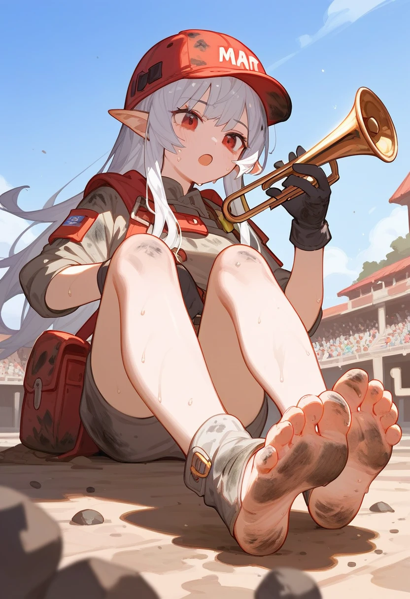Fraction_9,Fraction_8_Direction_7_up,1 Girl,Mudstone (Ark of Tomorrow),dirty,foot,Gloves,helmet,trumpet,Sole,Red Eyes,赤foot,Pointed ears,breast,Solitary,Long hair,White hair,black Gloves,foot趾,cap,foot部焦点,Looking at the audience,sit,Sweat,Open your mouth,dirty foot,Keep,outdoor,Sky,Bangs