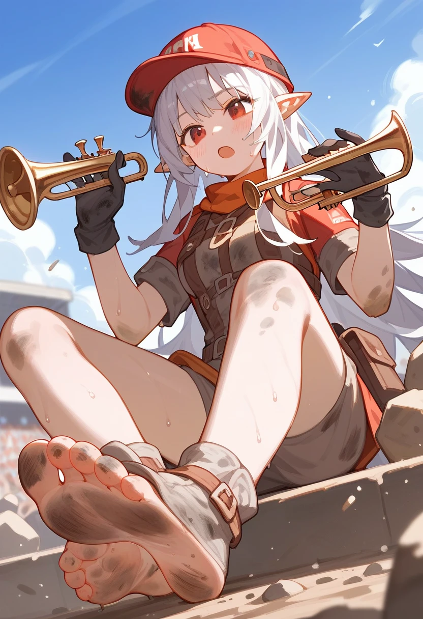 Fraction_9,Fraction_8_Direction_7_up,1 Girl,Mudstone (Ark of Tomorrow),dirty,foot,Gloves,helmet,trumpet,Sole,Red Eyes,赤foot,Pointed ears,breast,Solitary,Long hair,White hair,black Gloves,foot趾,cap,foot部焦点,Looking at the audience,sit,Sweat,Open your mouth,dirty foot,Keep,outdoor,Sky,Bangs