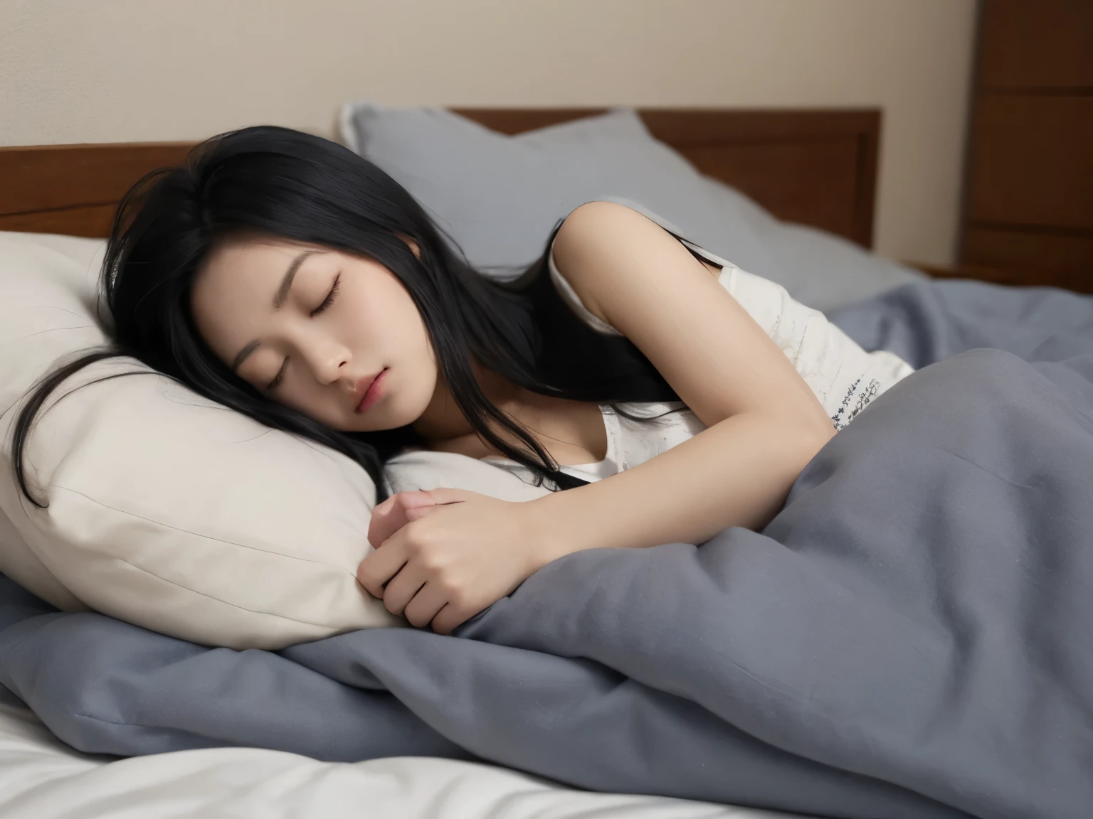 a girl, long black hair, sleeping in the bed