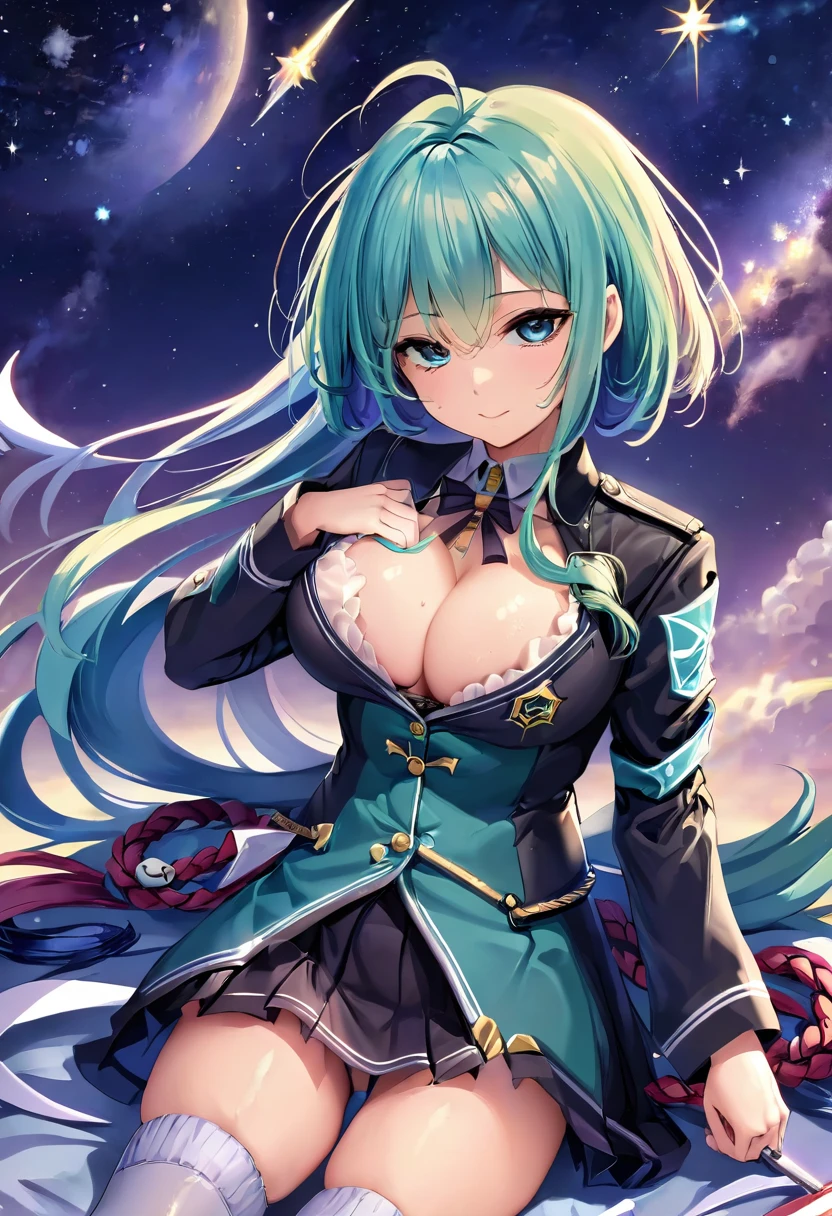 Blue-green hair girl Blue Eyes Short Hair レッサーパンダstuffed toy C Cup Warrior uniform Long sleeve Cleavage stuffed toy Embrace Braided Hair Arrangement The background is a starry sky like the universe Ready your sword Sleeping together Naughty