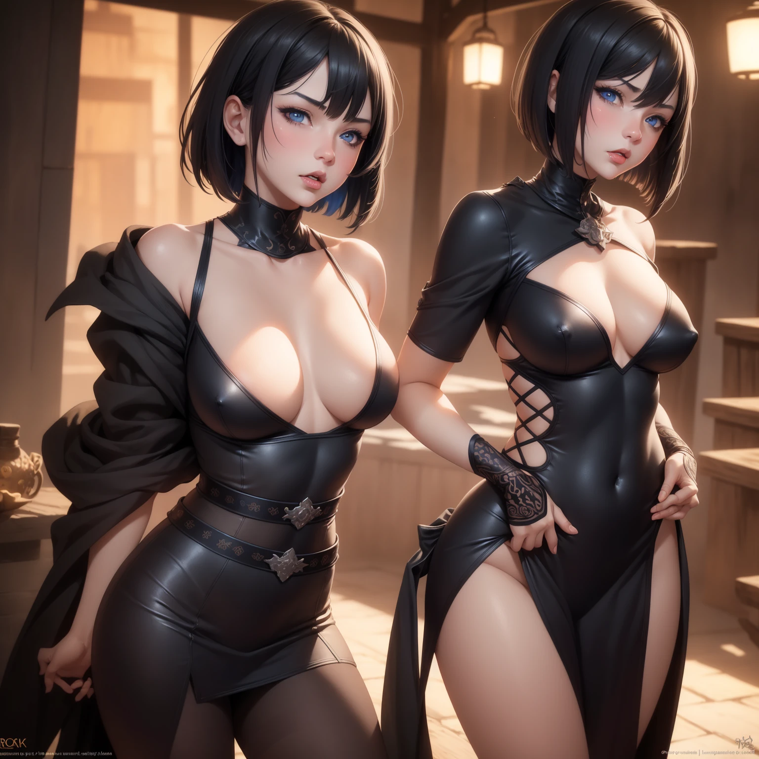 1girl!!!, short bob hair, black hair, small breasts!!, blue eyes, fair skin, anger face, sexy tight black ninja outfit, bare arms, bare legs, medieval japanese town, very sexy body, detailed face, beautiful detailed eyes, beautiful detailed lips, extremely detailed eyes and face, long eyelashes, detailed clothing, intricate details, highly detailed, photo realistic, 8k, best quality, masterpiece, cinematic lighting, dramatic lighting, vibrant colors, fantasy, digital art, concept art