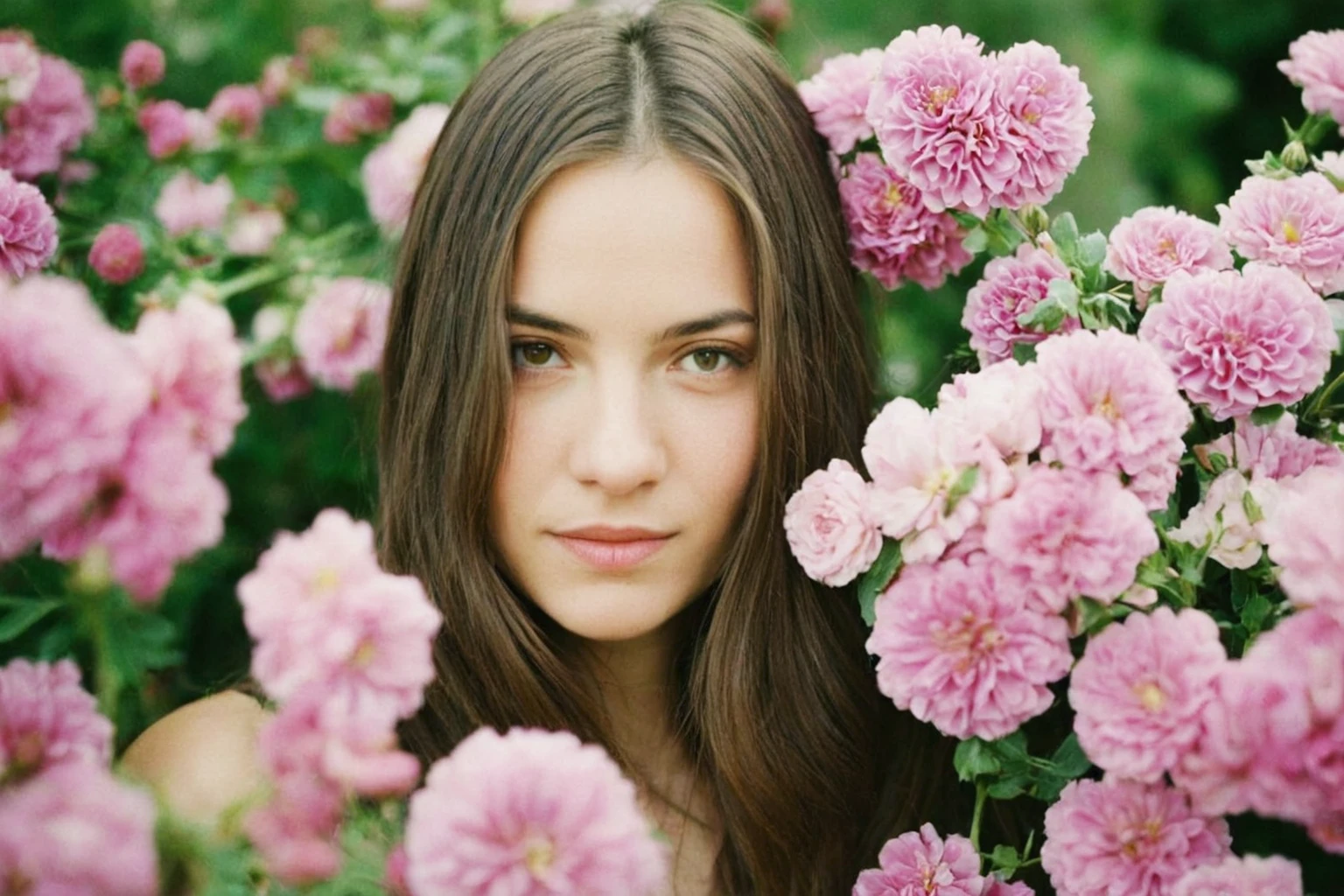 arafed woman with long brown hair standing in front of flowers, looking at the camera, infp young woman, amongst flowers, girl with brown hair, girl with long hair, 50mm portrait, 7 0 mm portrait, young with long hair, girl in flowers, a beautiful young woman, 3 5 mm portrait, beautiful young girl, monia merlo, 60mm portrait
