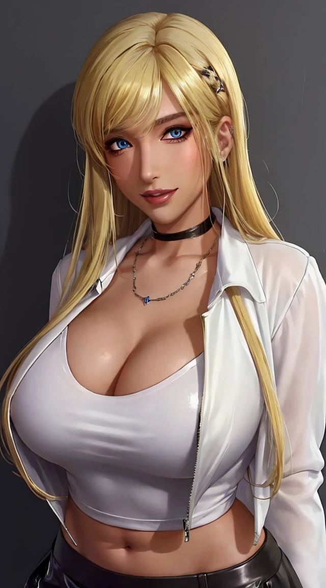 (masterpiece, best quality:1.2), tsubakid4dj, evil grin, looking at viewer, shirt, long sleeves, jewelry, very long hair, closed mouth, collarbone, jacket, white shirt, upper body, open clothes, choker, shiny, necklace, shiny hair, open jacket, black jacket, swept bangs, ring, leather, leather jacket, cleavage, (hyper breast, gigantic breast, huge breast), chubby, plump, navel, belly, (miniskirt), crop top, underboob, (blonde hair:1.2), (dark skin:1.2), (dark-skinned female:1.2)