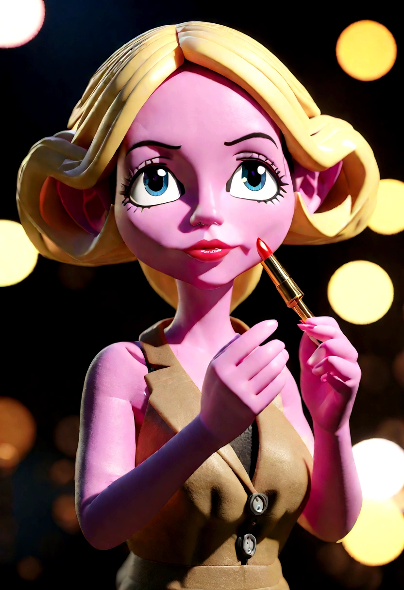 Woman cartoon character with pink skin, big and beautiful lips, applying red lipstick, bright blonde hair, holding shopping bags written "Dr Flávia Jucá", animation character, fully body, stylized character, animation style rendering, 3d stylized, Arnold Maya rendering, Stylized 3D rendering, toon render screenshot, 3d character, 3d character, Stylized 3D rendering, 3D character rendering, cartoon character, Personagem de close up, character posing, (Pixar-style) (master part:1.2) (bokeh) (best qualityer) (skin detailed) (detailed texture) (8K) (Argilla) (cinematic lighting) (sharp focus