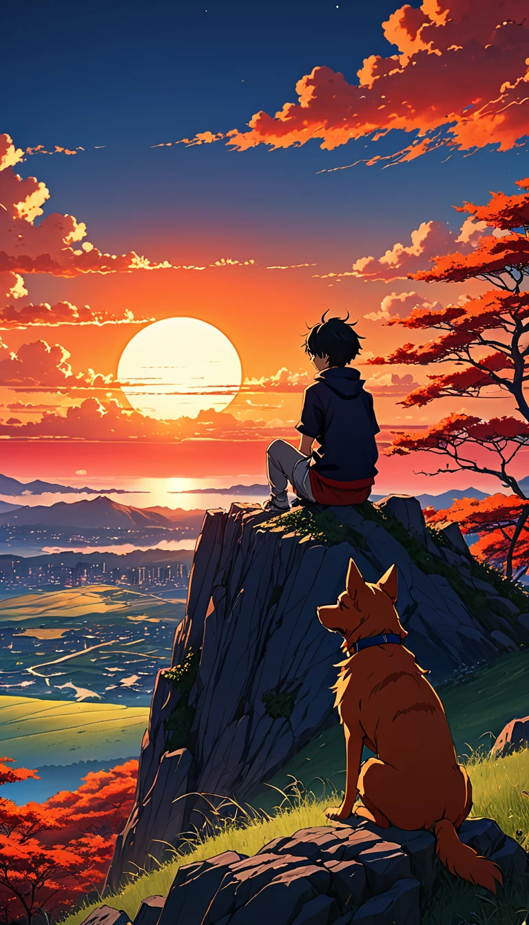 high quality, 8K Ultra HD, great detail, masterpiece, an anime style digital illustration, anime landscape of a boy with his dog sitting on a hill, looking at a hellish orange and red sunset, anime nature wallpapers with a serene sky, anime beautiful scene, beautiful anime peace scene, Makoto Shinkai Cyril Rolando, beautiful anime scene, amazing wallpaper, anime art wallpaper 8k, anime background, art anime background, wallpaper 4k anime screen, 4k anime art wallpaper, 4k anime art wallpaper,