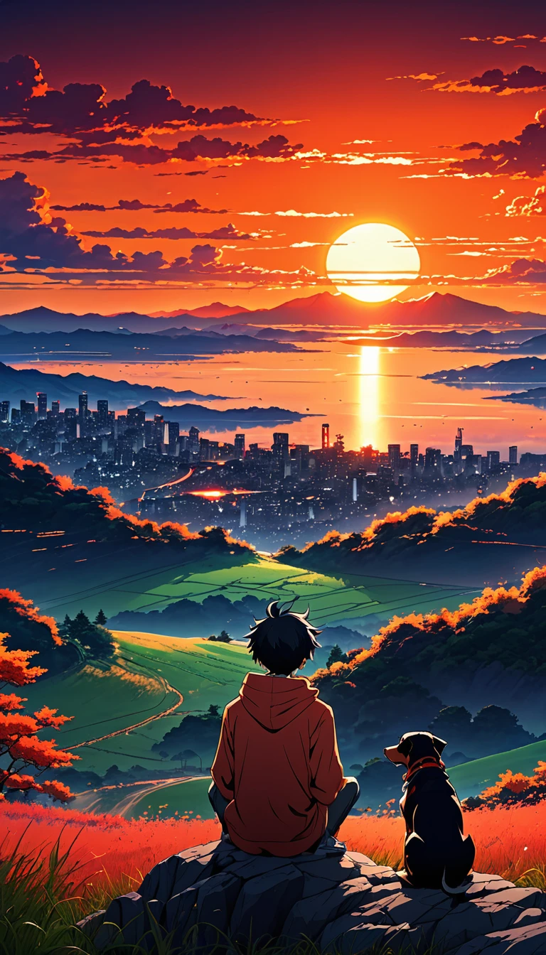 high quality, 8K Ultra HD, great detail, masterpiece, an anime style digital illustration, anime landscape of a boy with his dog sitting on a hill, looking at a hellish orange and red sunset, anime nature wallpapers with a serene sky, anime beautiful scene, beautiful anime peace scene, Makoto Shinkai Cyril Rolando, beautiful anime scene, amazing wallpaper, anime art wallpaper 8k, anime background, art anime background, wallpaper 4k anime screen, 4k anime art wallpaper, 4k anime art wallpaper,