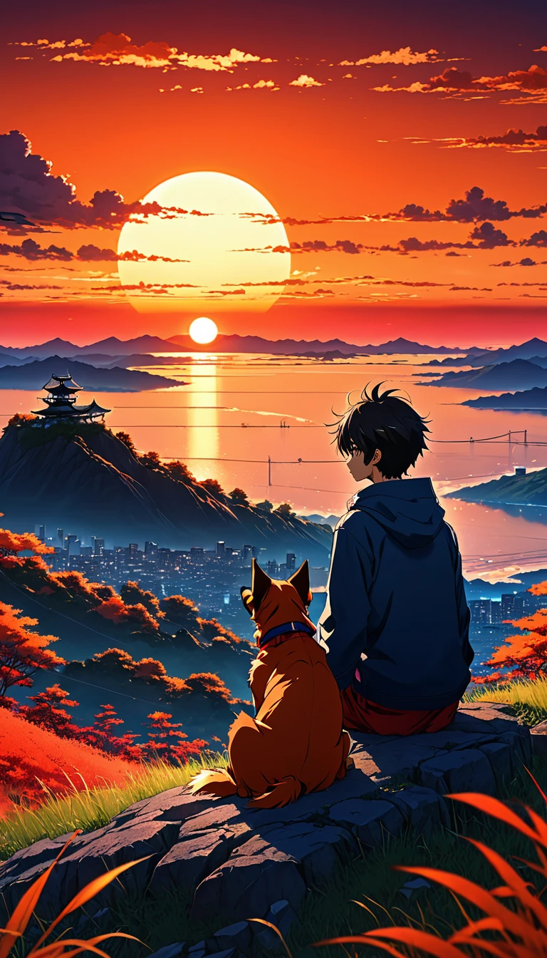 high quality, 8K Ultra HD, great detail, masterpiece, an anime style digital illustration, anime landscape of a boy with his dog sitting on a hill, looking at a hellish orange and red sunset, anime nature wallpapers with a serene sky, anime beautiful scene, beautiful anime peace scene, Makoto Shinkai Cyril Rolando, beautiful anime scene, amazing wallpaper, anime art wallpaper 8k, anime background, art anime background, wallpaper 4k anime screen, 4k anime art wallpaper, 4k anime art wallpaper,