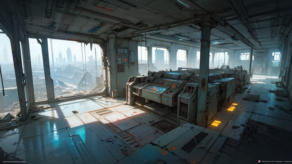 interior of an abandoned futuristic cosmodrome, control panel, isometric view, high quality, 8k, cinematic lighting, detailed machinery, metallic surfaces, cracked and worn walls, dust and debris, eerie atmosphere, abandoned space station, science fiction, cyberpunk