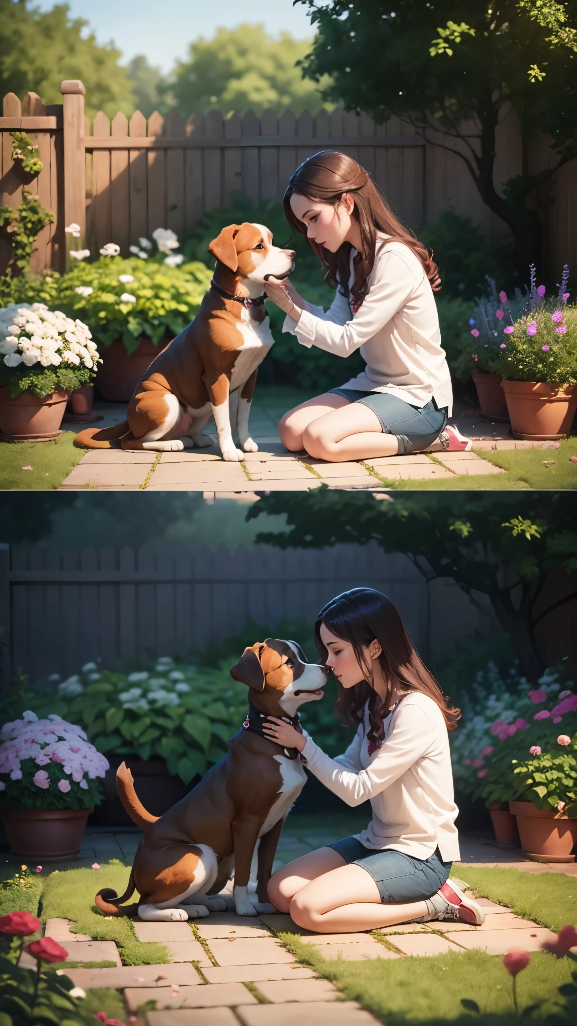 A romantic relationship with the puppy in the garden 