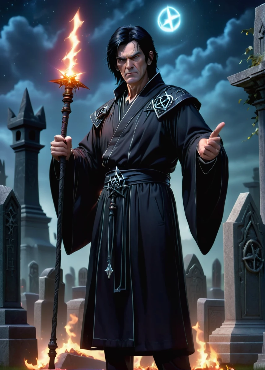 necromancer, (old slim male: 1.5), (black hair: 1.1), (angry nasty look: 1.5), skinny, pentagram  symbols and patterns, old graveyard at night, night cemetery , holding an magic staff, full shot, ((looking at viewer:1.2), (from side:0.8)), full black robe, athletic, volumetric lighting dynamic lighting, real shadows, vibrant contrasting colors, style of Stephen Hickman and Stan Manoukian, ultra realistic, masterpiece, high quality, highres, sharp focus, intricate, sharp details, highly detailed, rich color, 8K,