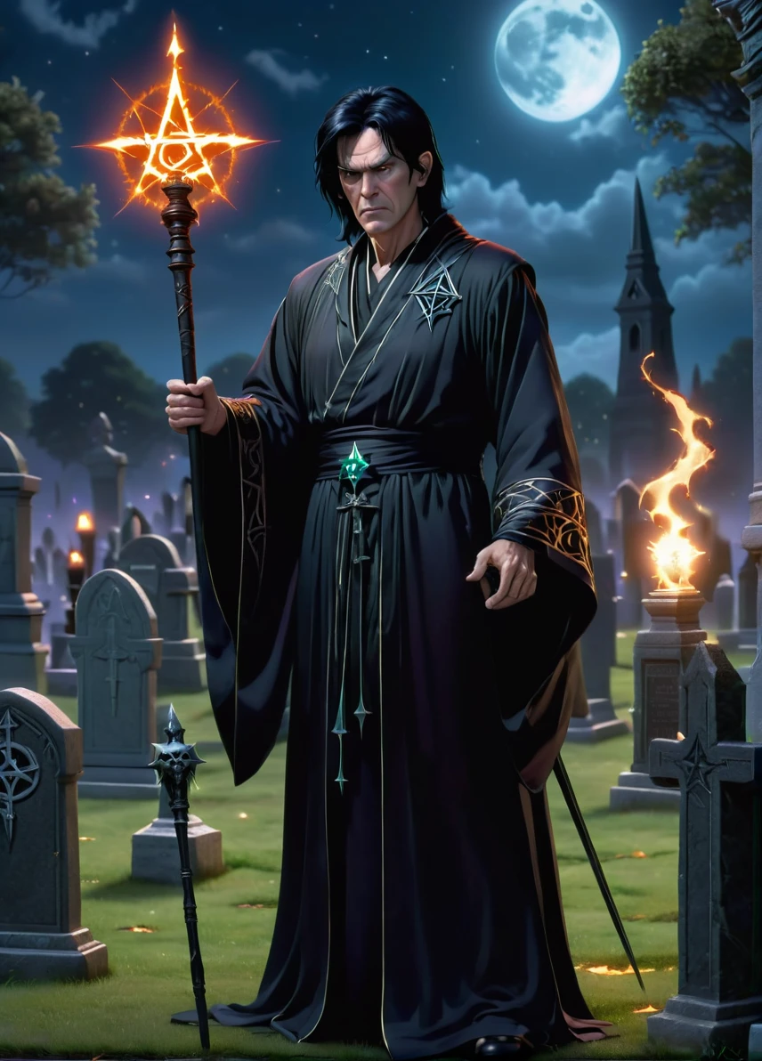 necromancer, (old slim male: 1.5), (black hair: 1.1), (angry nasty look: 1.5), skinny, pentagram  symbols and patterns, old graveyard at night, night cemetery , holding an magic staff, full shot, ((looking at viewer:1.2), (from side:0.8)), full black robe, athletic, volumetric lighting dynamic lighting, real shadows, vibrant contrasting colors, style of Stephen Hickman and Stan Manoukian, ultra realistic, masterpiece, high quality, highres, sharp focus, intricate, sharp details, highly detailed, rich color, 8K,