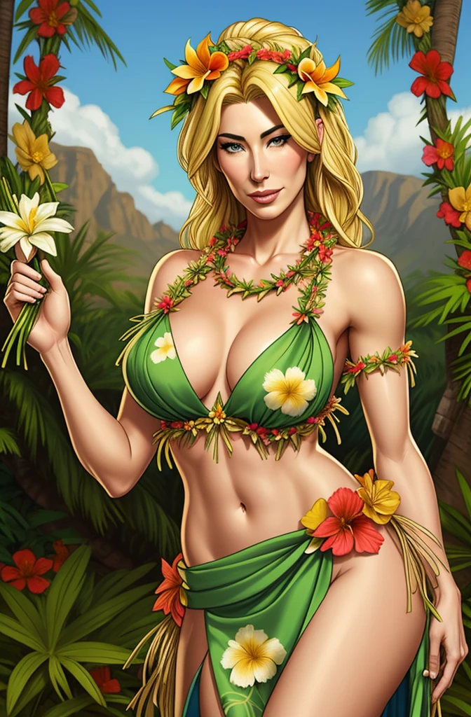 Jaime Murray wearing a garland of flowers, girl wearing a lei, grass skirt, slight smile, seductive, blonde