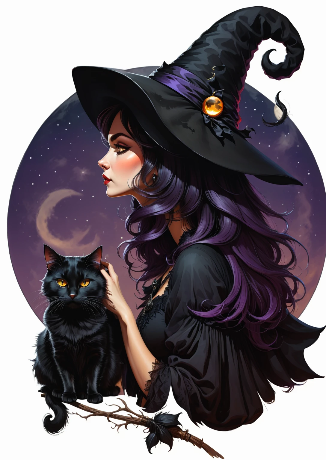 ((best quality)), ((masterpiece)), (detailed), 2d illustration, a very beautiful portrait of a witch in profile, she wears a big black witch’s hat, a black cat sits nears her, moon is behind her, no background 