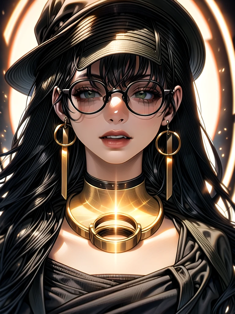 a young woman with long black hair, green eyes, round glasses, black hat with golden detail, gold hoop earrings, detailed facial features, elegant, portrait, cinematic lighting, dramatic colors, highly detailed, 4k, photorealistic, digital painting