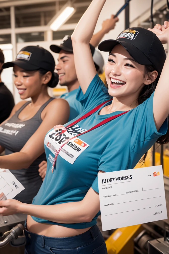 Create an image of production workers from a sticker label company celebrating a lottery win in the middle of the company&#39;s production