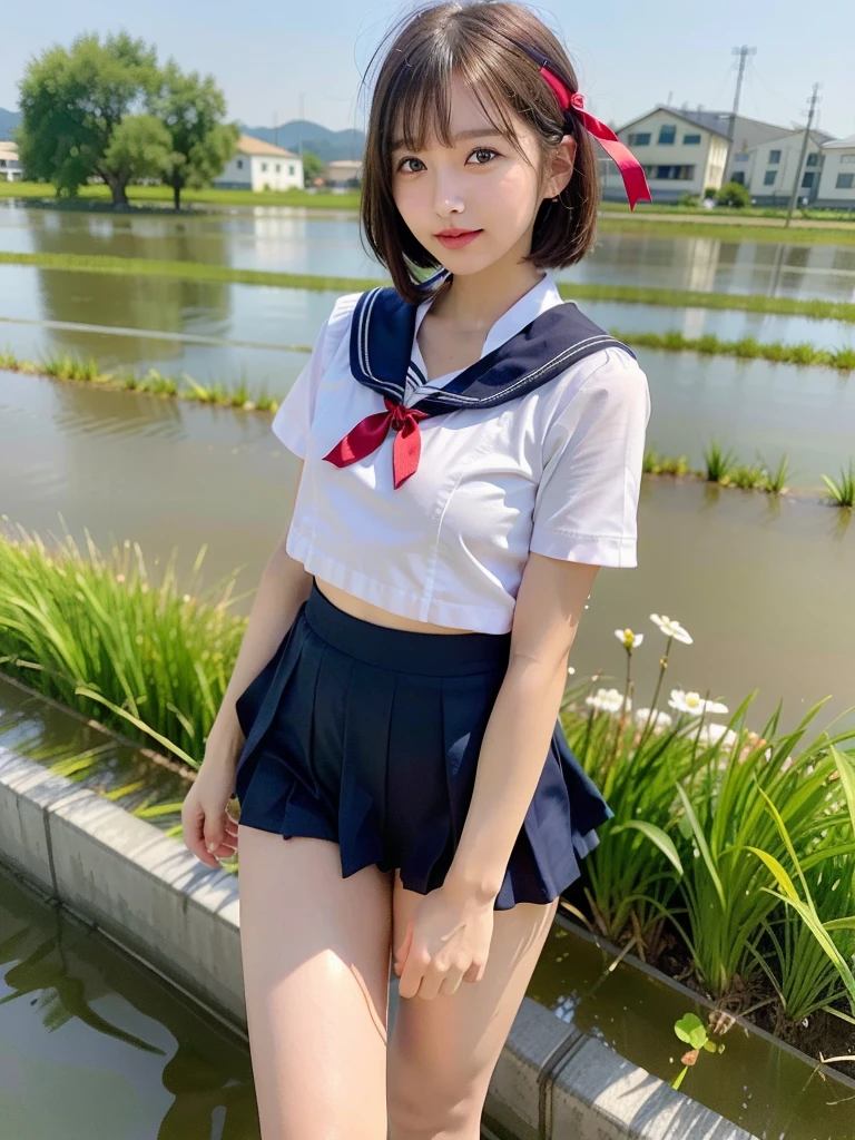 ((Best of the highest quality, 8k, Masterpiece, raw photo: 1.2)), (Sharp focus: 1.2), (1 AESPA, slim body type female, 21 y/o: 1.1), (solo: 1.28), (realistic, photo-realistic:1.37), face focus, cute face, finely eyes, (droopy eyes: 1.32), (Emphasize prominent aegyo-sal with bright: 1.2), shimmering eyeshadow applied under the lower lash line, paired with thick, (small breasts, flat chest, Thigh: 1.3), (short bob hair: 1.28), (school sailor uniform, ribbon, panties: 1.32), walking river, (rice field, paddy field: 1.1), flower, (from below: 1.16)