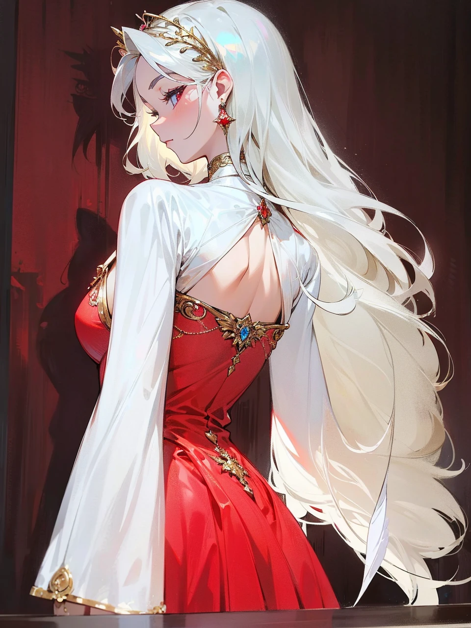 Add in roses to her dress, a good back dress design with some golden jewelry, make her dress into a red and white gown with a hat, give her some unique Jewelry, and make her look somewhat of a demonic angel like appearance to her