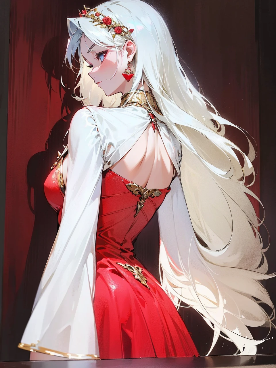 Add in roses to her dress, a good back dress design with some golden jewelry, make her dress into a red and white gown with a hat, give her some unique Jewelry, and make her look somewhat of a demonic angel like appearance to her